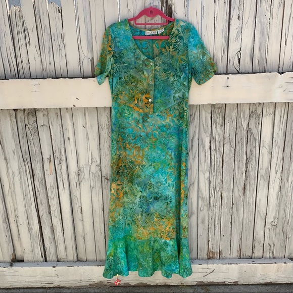 Vintage Dresses & Skirts - Handmade Batik Dyed Hawaiian Tropical Floral Dress